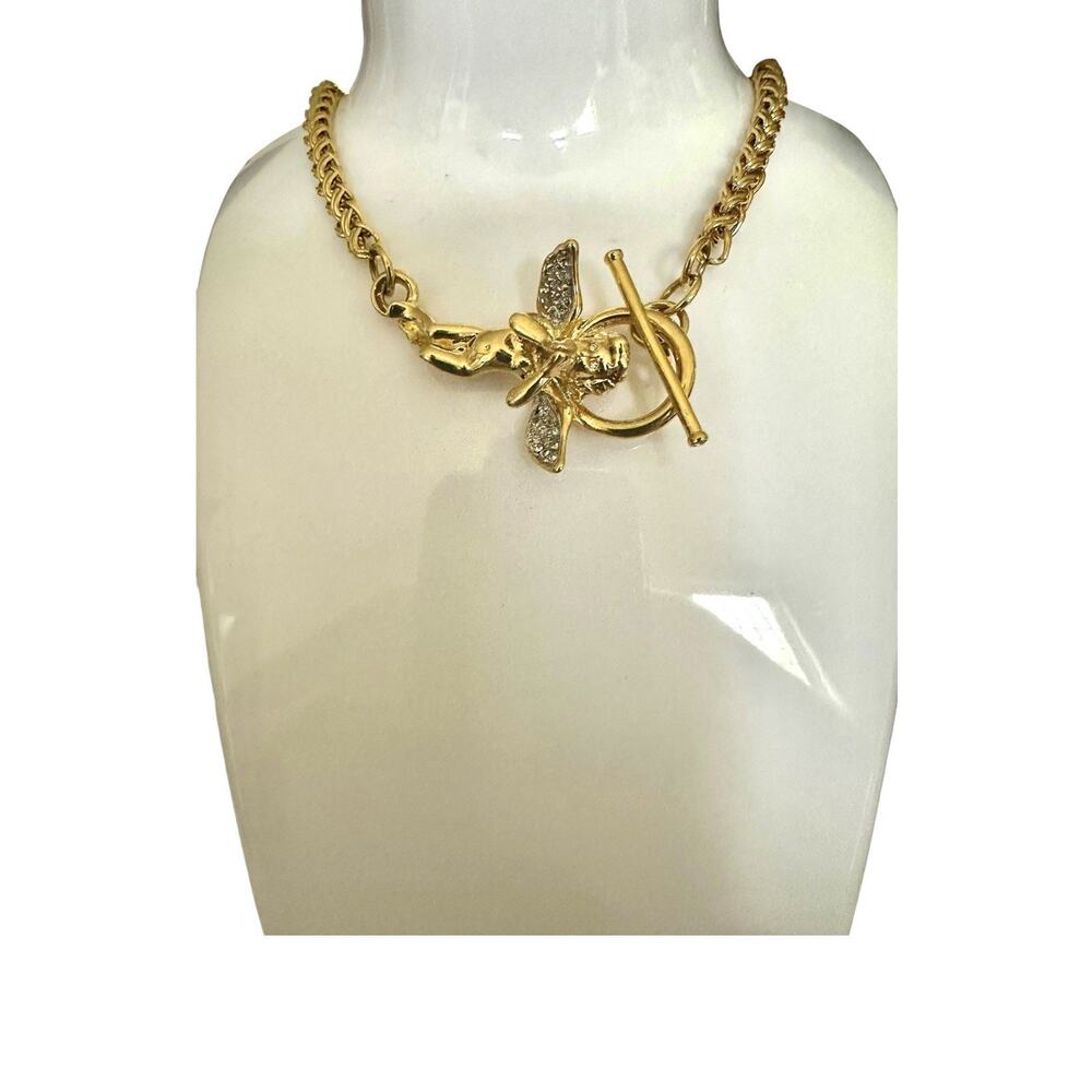 1960's Gold-Tone Cherub Toggle Clasp Wheat Chain Necklace Pave Rhinestone EUC
